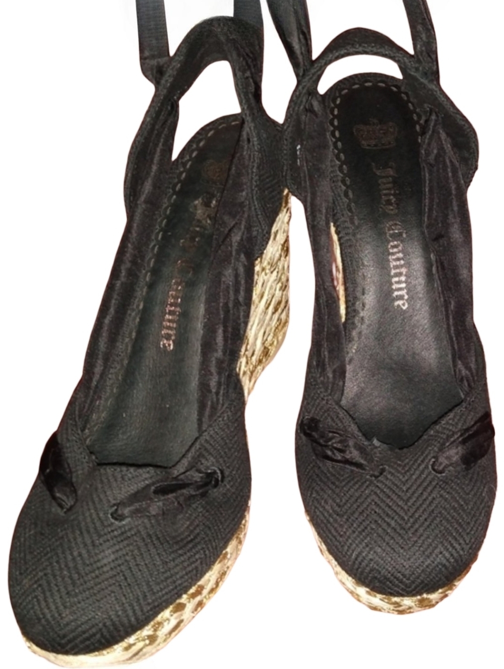 Juicy Couture Ribbon Ankle Wrap Ties Black Wedge Heel Espadrilles Vacay Sandals